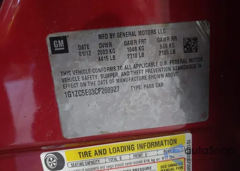 2012 Chevrolet Malibu 1Lt from USA, damaged, VIN 1G1ZC5E03CF268927